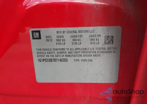 2013 Chevrolet Cruze 1Lt Auto из США, поврежденный, VIN 1G1PC5SB7D7142353